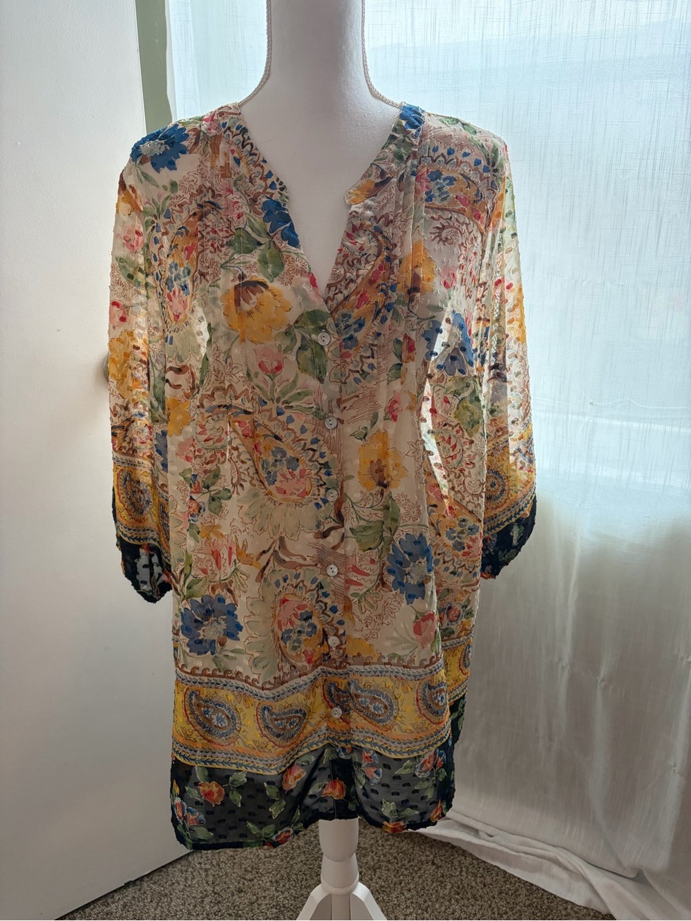 Floral Print Button-Down Shirt in Multi. Fig and flower